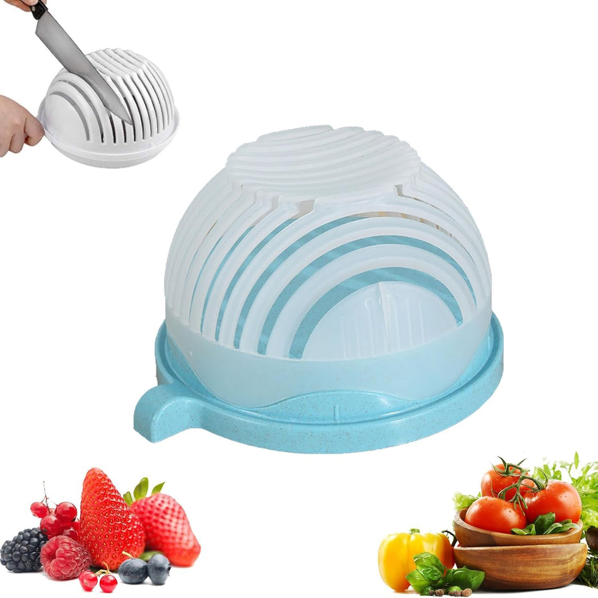 Bol Feliator pentru Salata, Castron Multifunctional pentru Spalat si Taiat Legume sau Fructe, Design Ergonomic cu Protectie Maini si Scurgere, Plastic Alimentar, 21x18.5x11.5 cm, Albastru