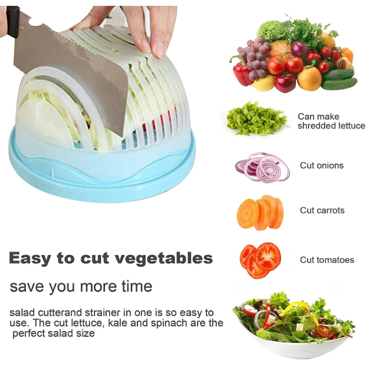 Bol Feliator pentru Salata, Castron Multifunctional pentru Spalat si Taiat Legume sau Fructe, Design Ergonomic cu Protectie Maini si Scurgere, Plastic Alimentar, 21x18.5x11.5 cm, Albastru