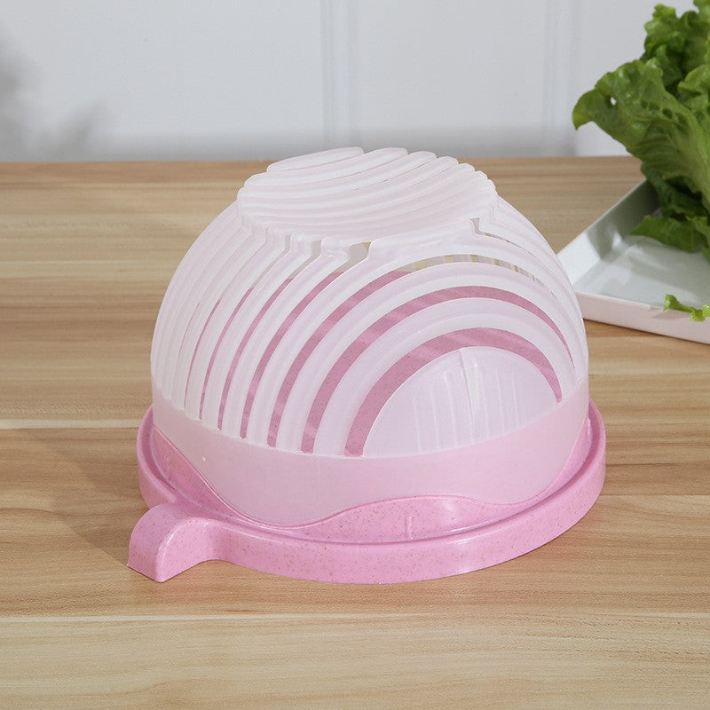 Bol Feliator pentru Salata, Castron Multifunctional pentru Spalat si Taiat Legume sau Fructe, Dispozitiv cu Scurgere si Protectie Maini, Plastic ABS, 21x18.5x11.5 cm, Roz