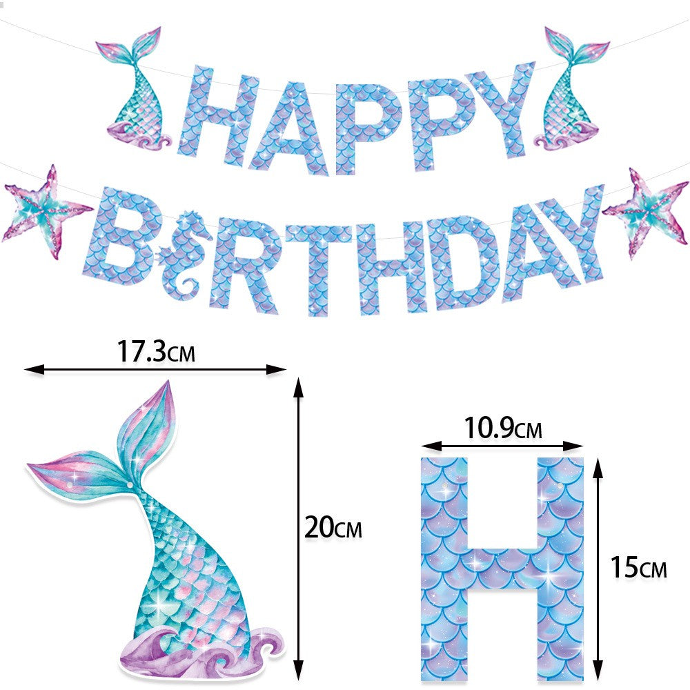 Banner Happy Birthday Sirena, Colectia Mermaid, Decoratiuni Petrecere Tematica, Carton Rezistent, 17 Piese, Multicolor, Albastru si Mov