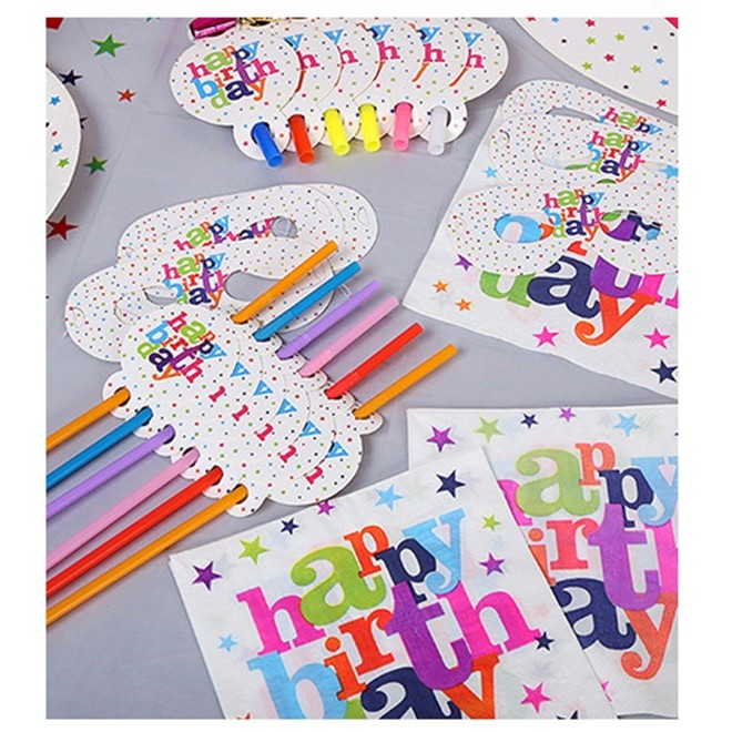 Set 6 Paie Pentru Petrecere, Colectia Happy Birthday, Design Tematic Aniversar, Carton Si Plastic, 26 cm, Multicolor