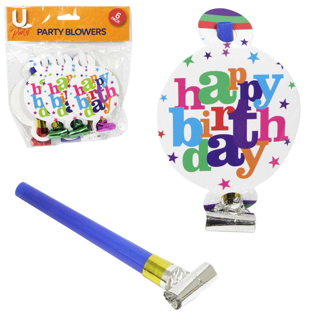 Set 6 Suflatori Happy Birthday pentru Petreceri Aniversare, Accesorii de Petrecere cu Sunet, Carton si Plastic, 19 x 11 cm, Multicolor