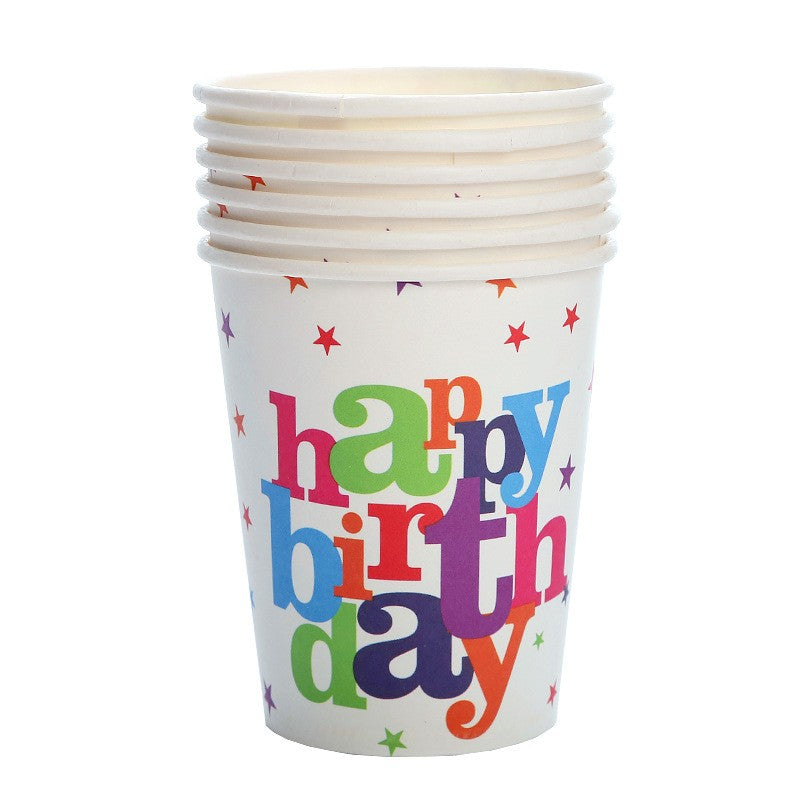 Set 6 Pahare de Carton Happy Birthday, Pahare Unica Folosinta pentru Petreceri si Aniversari, Material Carton Alb 210g, Multicolor, 230 ml, 7 x 5 x 8.5 cm
