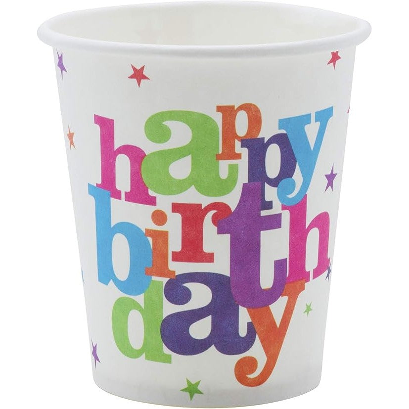Set 6 Pahare de Carton Happy Birthday, Pahare Unica Folosinta pentru Petreceri si Aniversari, Material Carton Alb 210g, Multicolor, 230 ml, 7 x 5 x 8.5 cm