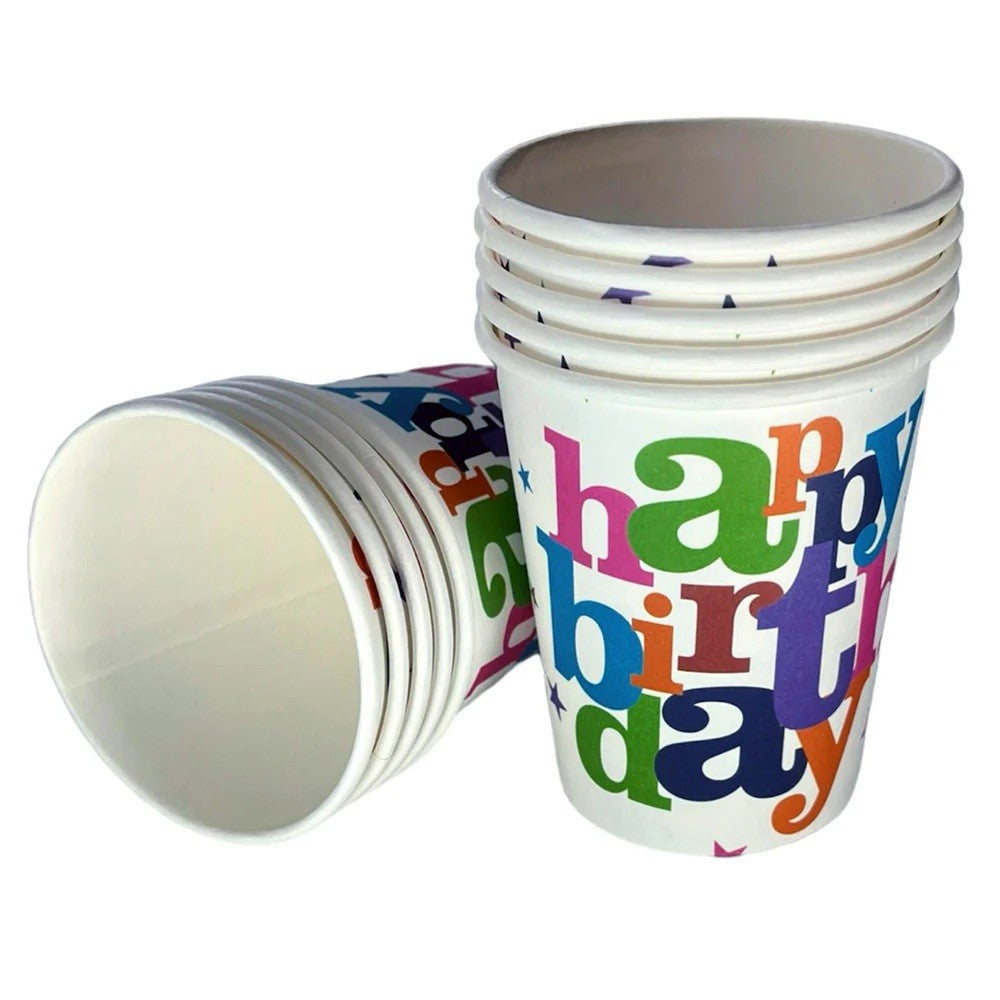 Set 6 Pahare de Carton Happy Birthday, Pahare Unica Folosinta pentru Petreceri si Aniversari, Material Carton Alb 210g, Multicolor, 230 ml, 7 x 5 x 8.5 cm