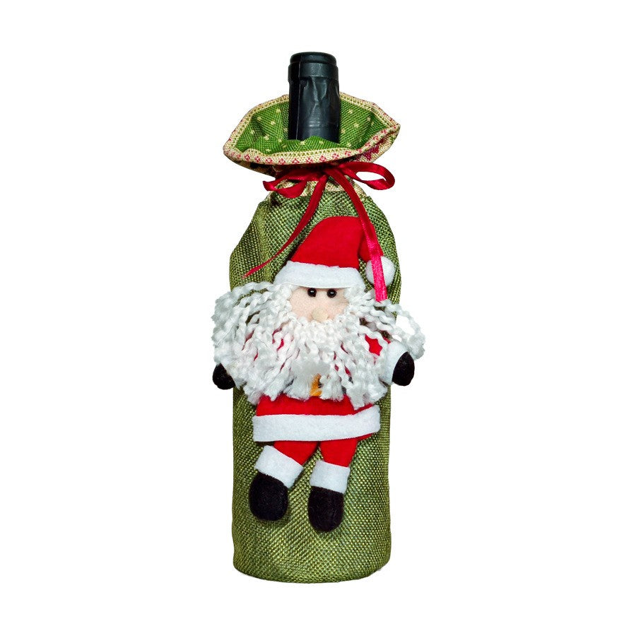 Husa Decorativa pentru Sticla de Vin, Tematica Craciun, Model Mos Craciun cu Blana Sintetica, Material Textil si In, Verde, 14 x 29 cm