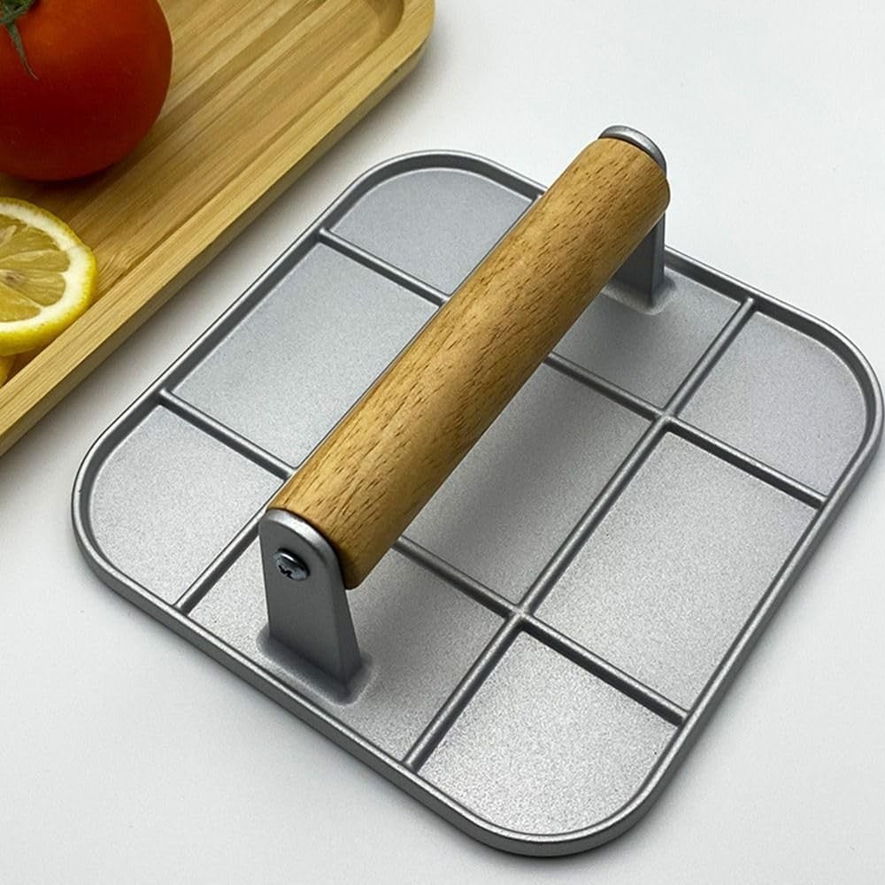 Presa Manuala pentru Burgeri si Carne, Forma Patrata cu Maner din Lemn, Aliaj de Aluminiu, 16x16x6 cm, Gri