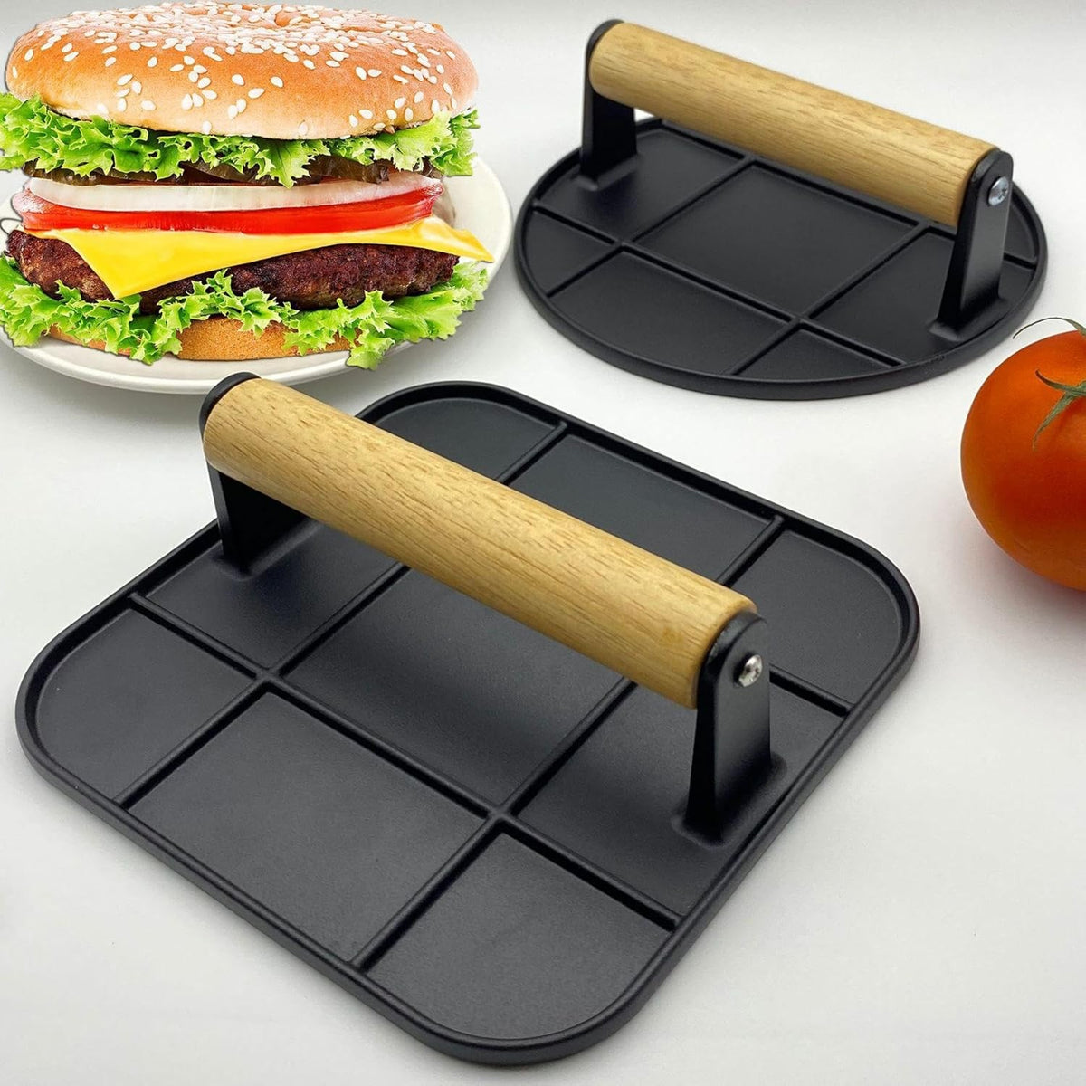 Presa Burgeri Manuala, Forma Rotunda pentru Carne si Chiftele, Aliaj Aluminiu cu Maner Lemn, 16x16x6 cm, Neagra