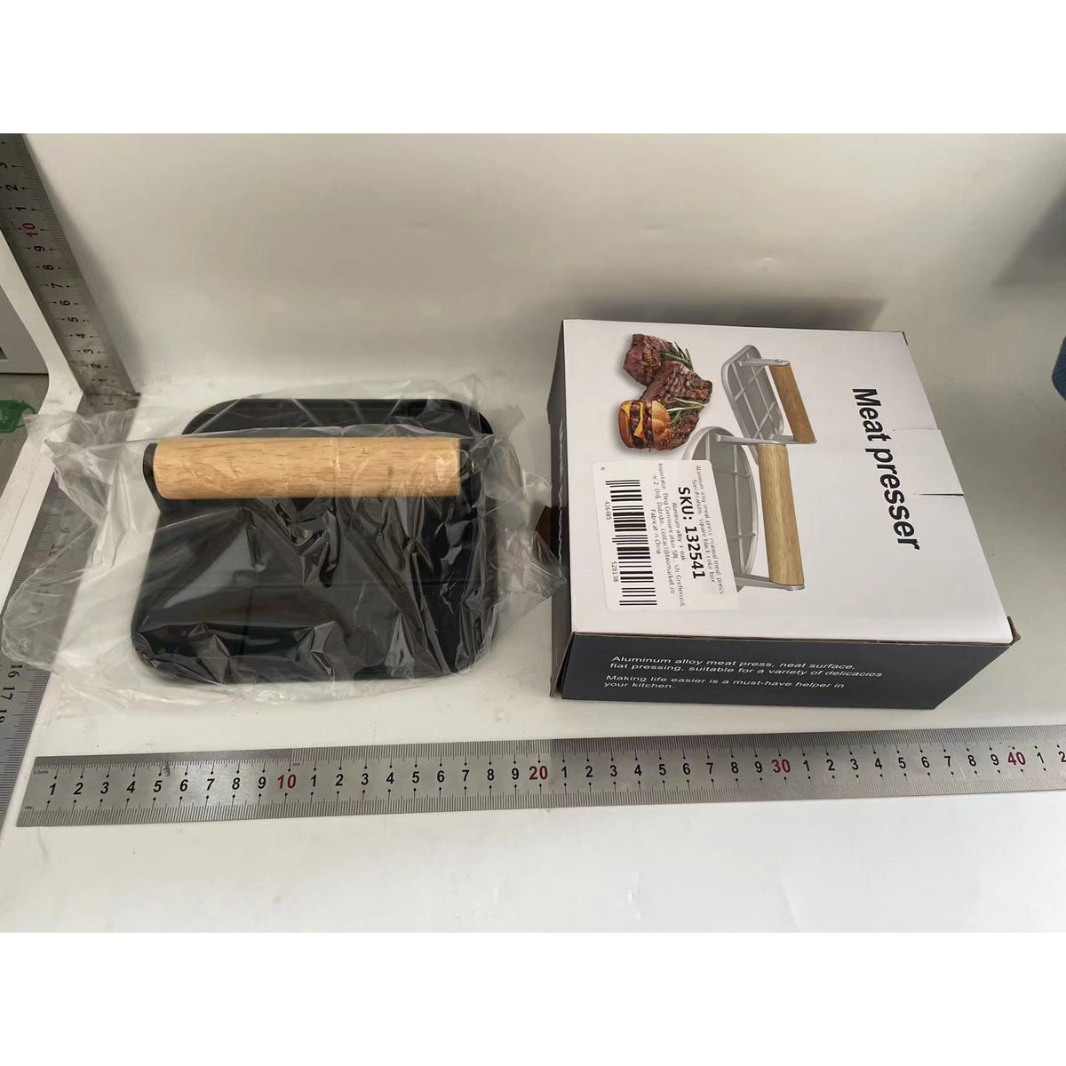 Presa Manuala pentru Burgeri si Carne, Forma Patrata, Aliaj de Aluminiu, Maner din Lemn, 16x16x6 cm, Negru