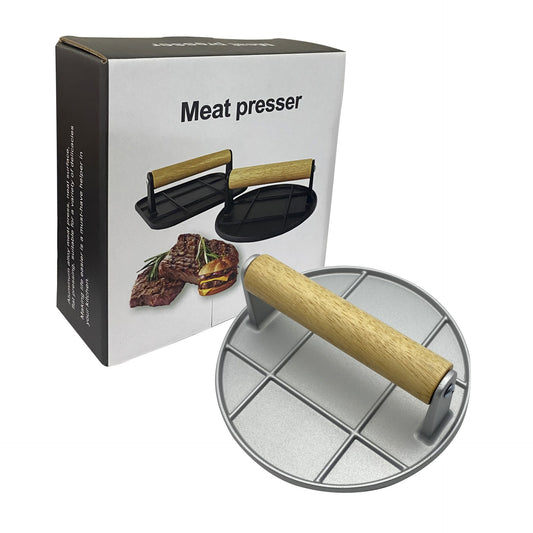 Presa pentru Burgeri si Carne, Forma Rotunda cu Design Ergonomic, Aliaj de Aluminiu si Maner din Lemn, 16x16x6 cm, Gri