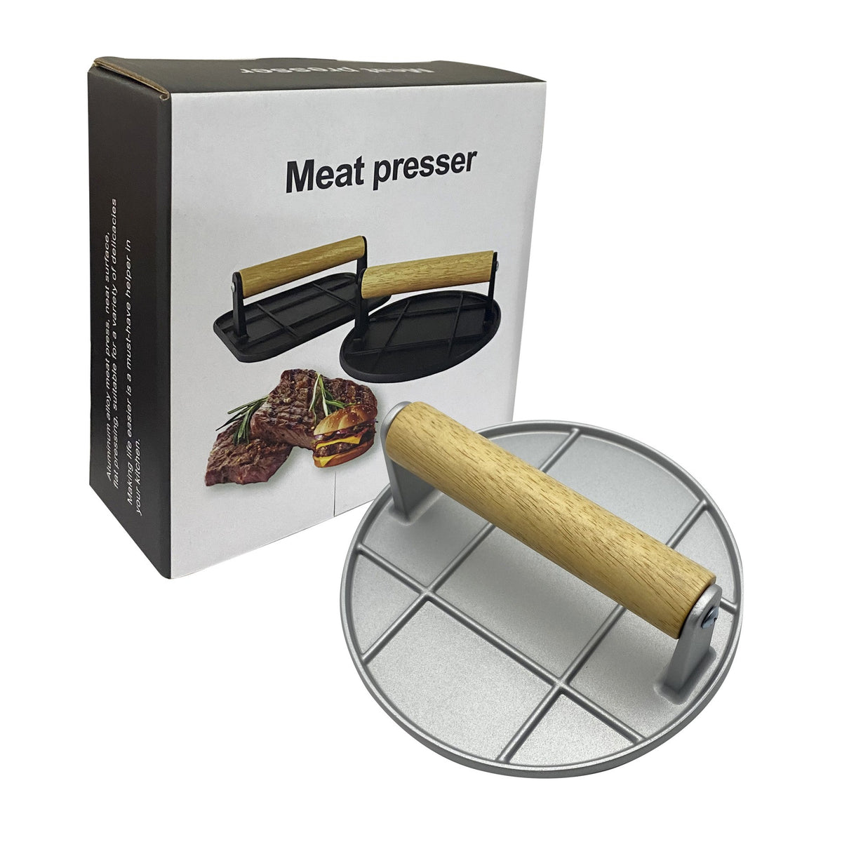 Presa pentru Burgeri si Carne, Forma Rotunda cu Design Ergonomic, Aliaj de Aluminiu si Maner din Lemn, 16x16x6 cm, Gri