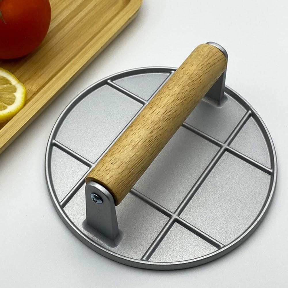 Presa pentru Burgeri si Carne, Forma Rotunda cu Design Ergonomic, Aliaj de Aluminiu si Maner din Lemn, 16x16x6 cm, Gri