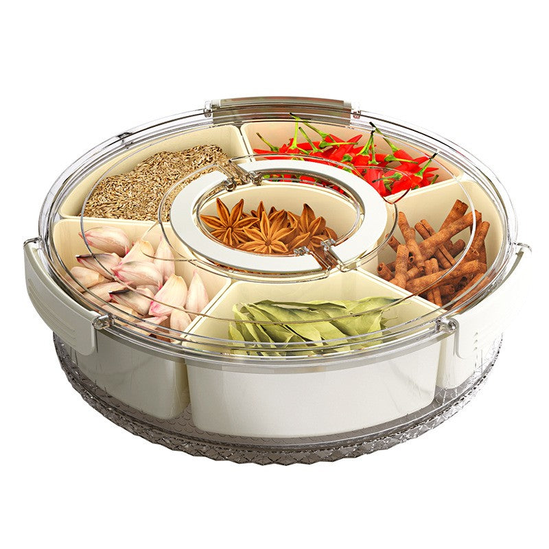 Organizator Alimente si Condimente, Cutie Depozitare Rotativa 360 Grade cu 6 Compartimente, Inchidere Ermetica si Maner Ergonomic, Plastic, 32x10 cm, Alb