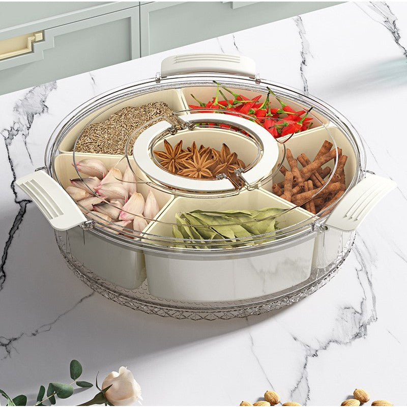 Organizator Alimente si Condimente, Cutie Depozitare Rotativa 360 Grade cu 6 Compartimente, Inchidere Ermetica si Maner Ergonomic, Plastic, 32x10 cm, Alb