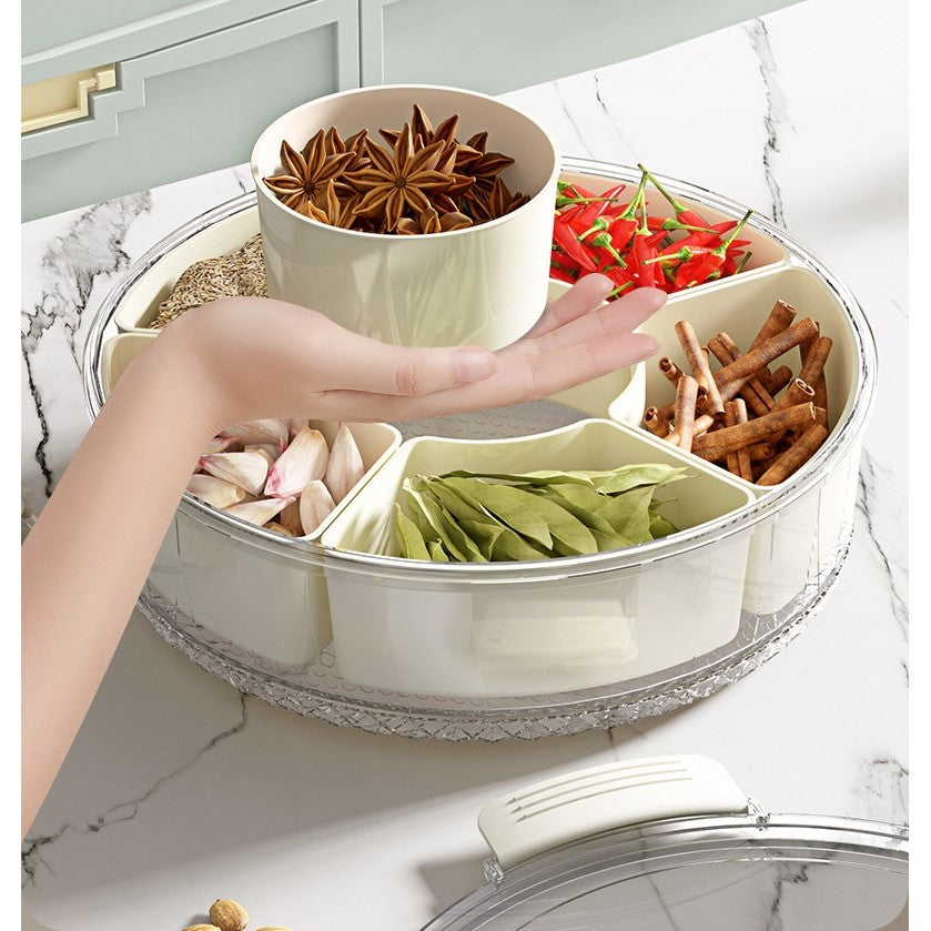 Organizator Alimente si Condimente, Cutie Depozitare Rotativa 360 Grade cu 6 Compartimente, Inchidere Ermetica si Maner Ergonomic, Plastic, 32x10 cm, Alb