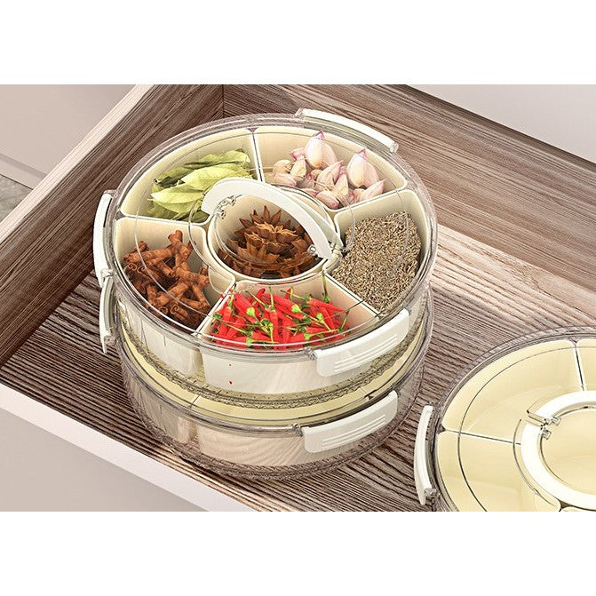 Organizator Alimente si Condimente, Cutie Depozitare Rotativa 360 Grade cu 6 Compartimente, Inchidere Ermetica si Maner Ergonomic, Plastic, 32x10 cm, Alb