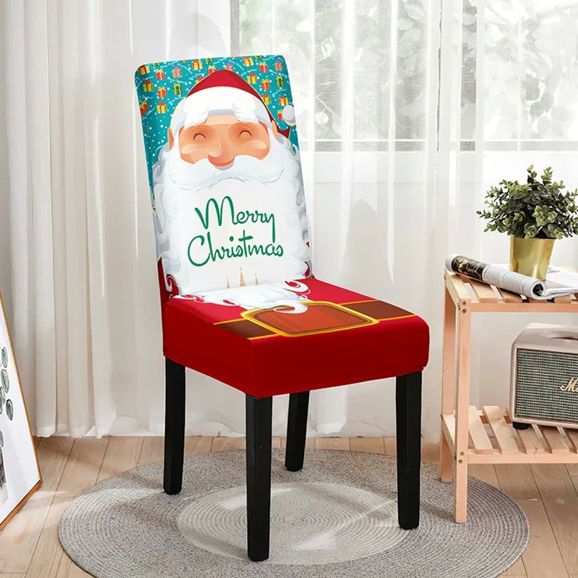 Husă pentru Scaun, Tematică Crăciun Model Merry Christmas, Material Elastic Antiderapant, Poliester Rezistent, Universală, Alb/Albastru, 45-65 cm Lungime