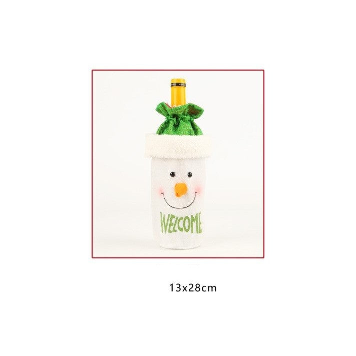 Săculeț de Crăciun pentru Sticlă, Model Om de Zăpadă Accesorizat, Ambalaj Cadou Textil, Marime Universala, 13x28 cm, Verde