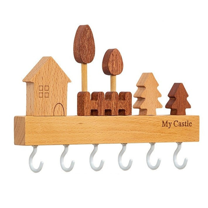 Suport pentru Chei, Cuier Perete Model Casuta, Lemn Natural cu 6 Carlige, Montare cu Adeziv Fara Perforare, Sarcina 5 kg, 14.5 x 2 x 22.5 cm, Maro