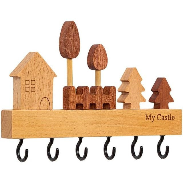 Suport pentru Chei si Accesorii, Cuier de Perete cu 6 Carlige, Model Casuta, Montare Fara Gaurire cu Adeziv Inclus, Lemn Natural, 14.5 x 2 x 22.5 cm, Maro/Negru