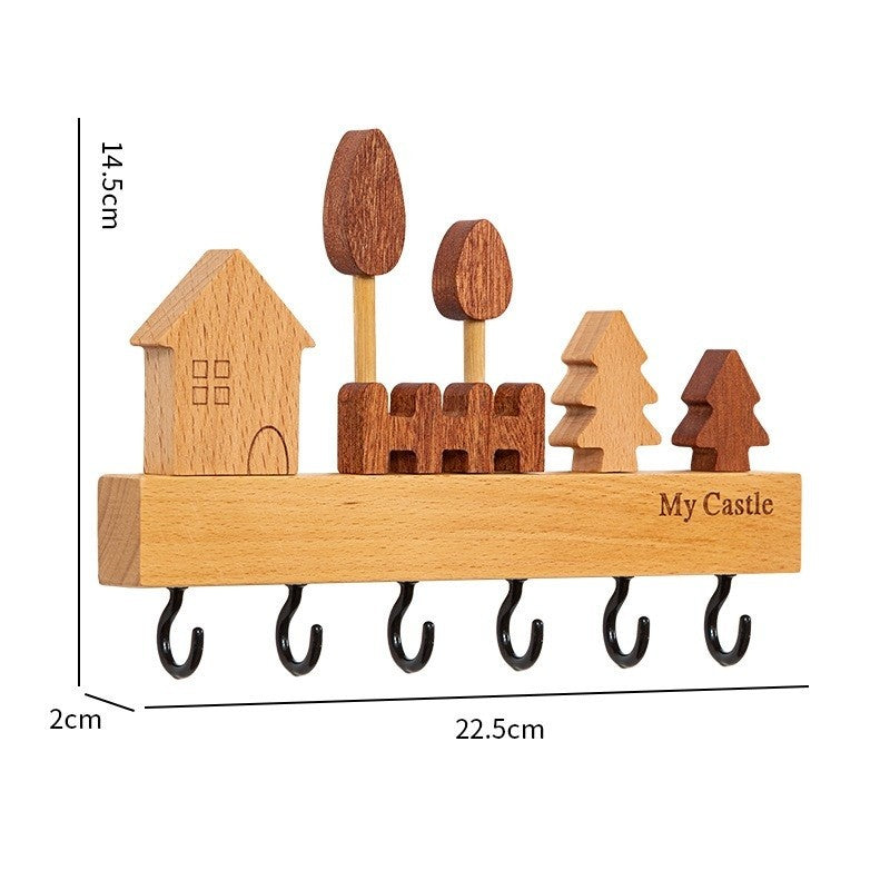 Suport pentru Chei si Accesorii, Cuier de Perete cu 6 Carlige, Model Casuta, Montare Fara Gaurire cu Adeziv Inclus, Lemn Natural, 14.5 x 2 x 22.5 cm, Maro/Negru