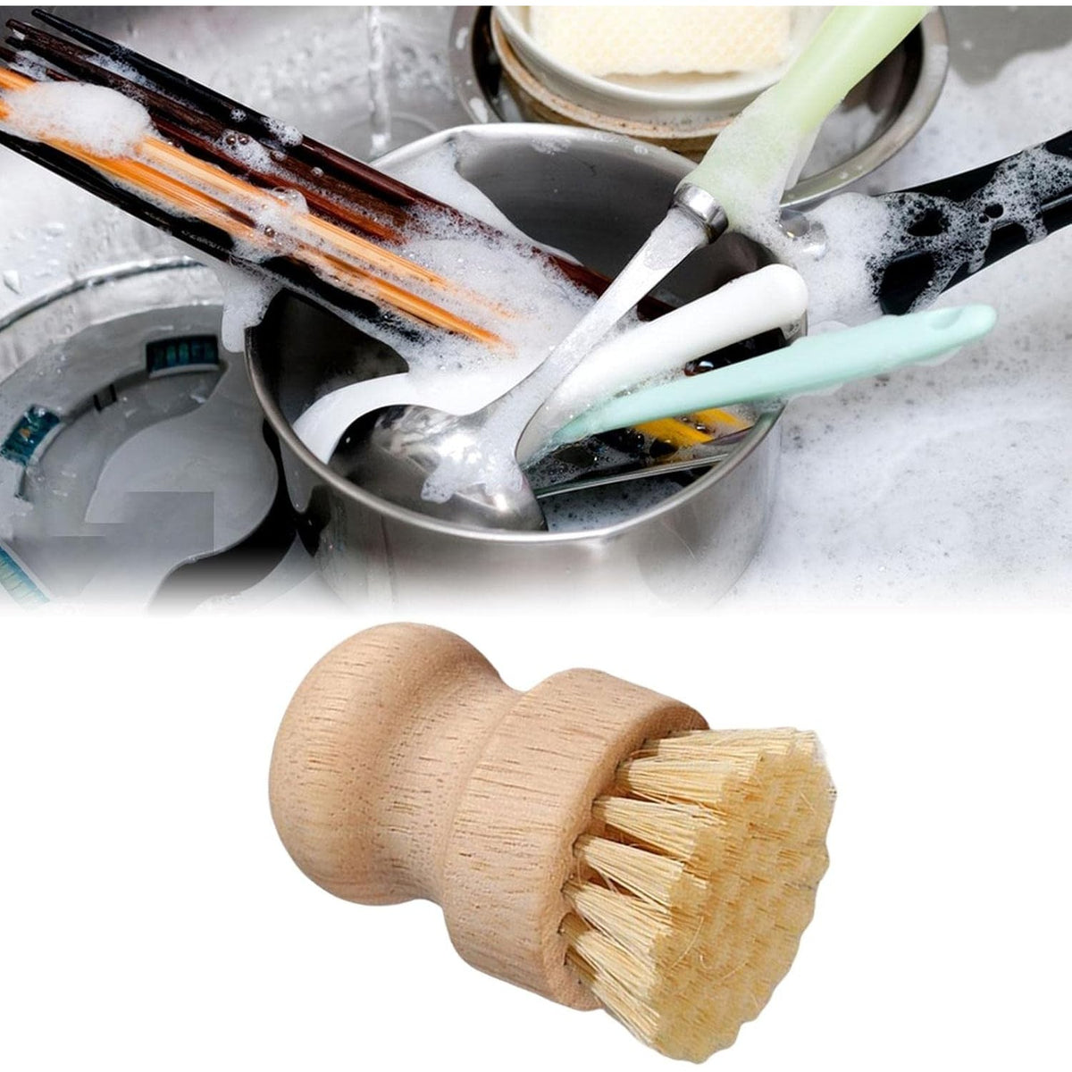 Perie de Curatat Vase si Alimente, Design Ergonomic Antialunecare, Lemn de Fag si Sisal Natural, 8 x 5 cm, Bej