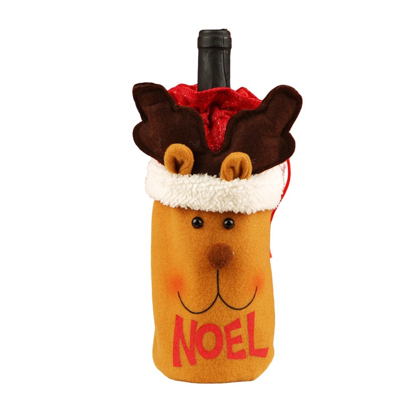 Săculeț de Crăciun pentru Sticlă, Model Ren Accesorizat, Ambalaj Cadou Festiv pentru Vin și Șampanie, Material Textil, Maro, 13x28 cm