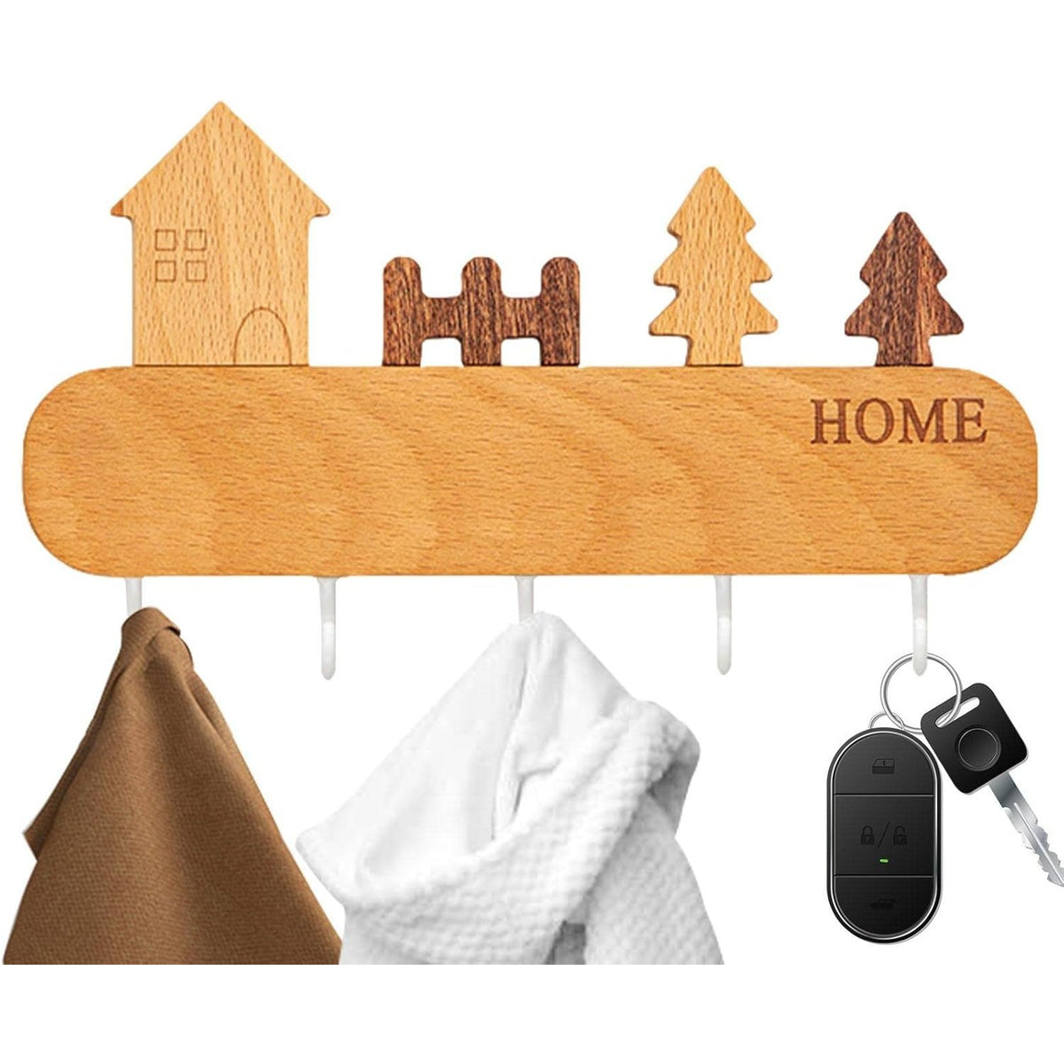 Suport pentru Chei si Organizator de Perete, Autoadeziv Fara Perforare, 5 Carlige si Design Casuta, Lemn Natural, 13.5 x 23 cm, Maro