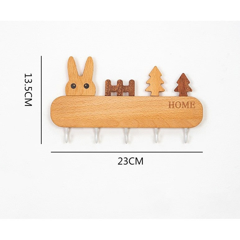 Suport Pentru Chei Si Accesorii, Cuier De Perete Cu 5 Carlige, Fixare Autoadeziva Fara Perforare, Lemn Natural, Design Iepure, 13.5 x 22 cm, Maro