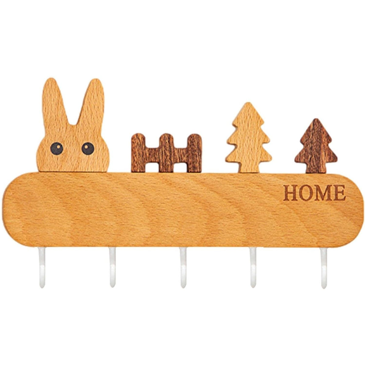 Suport Pentru Chei Si Accesorii, Cuier De Perete Cu 5 Carlige, Fixare Autoadeziva Fara Perforare, Lemn Natural, Design Iepure, 13.5 x 22 cm, Maro