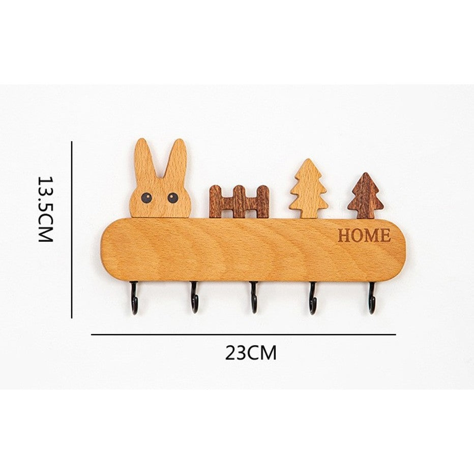 Suport pentru Chei, Cuier Perete fara Perforare, Model Iepure cu 5 Carlige Negre, Lemn Natural, Montare cu Adeziv sau Suruburi, Sarcina 5 kg, 13.5 x 22 cm, Maro