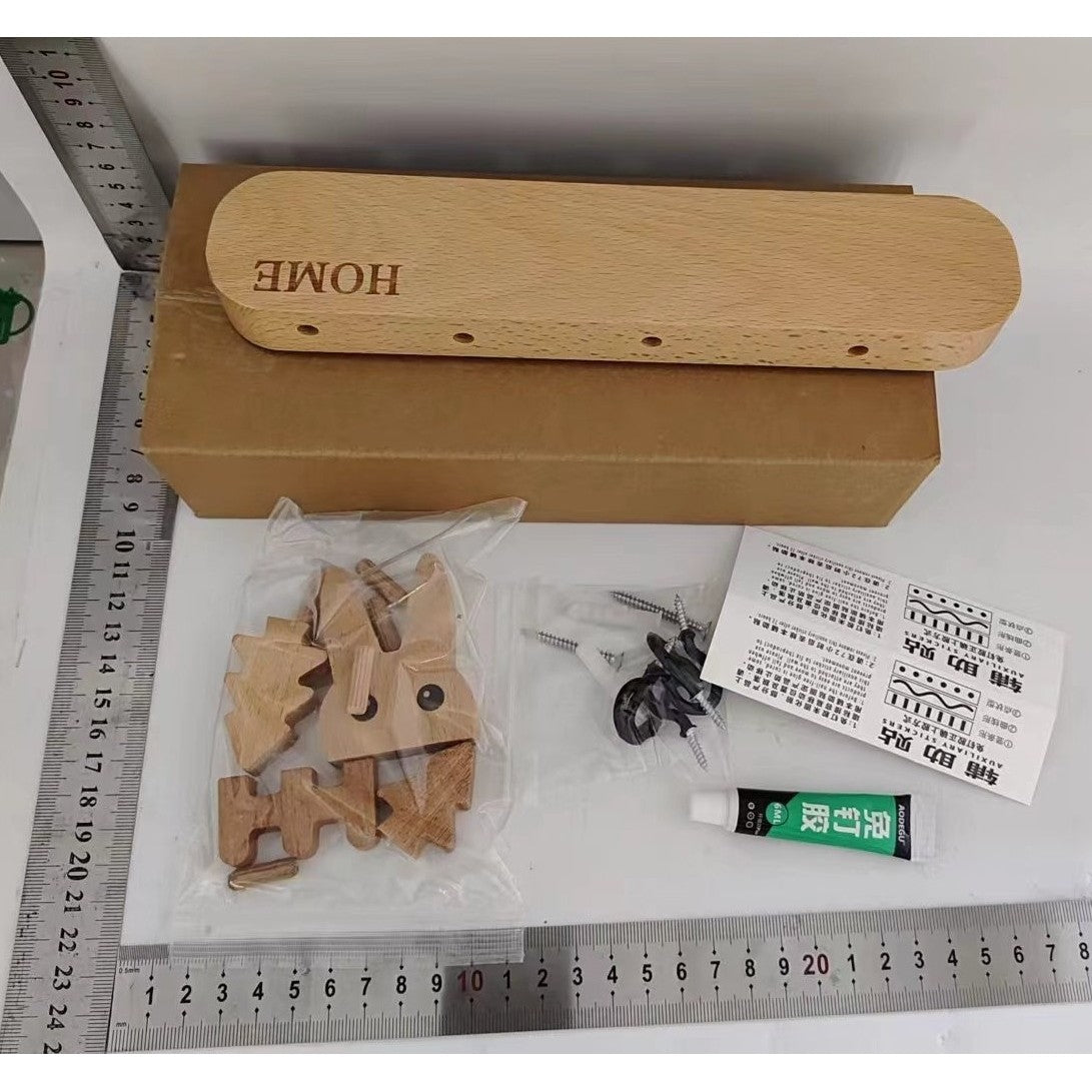 Suport pentru Chei, Cuier Perete fara Perforare, Model Iepure cu 5 Carlige Negre, Lemn Natural, Montare cu Adeziv sau Suruburi, Sarcina 5 kg, 13.5 x 22 cm, Maro