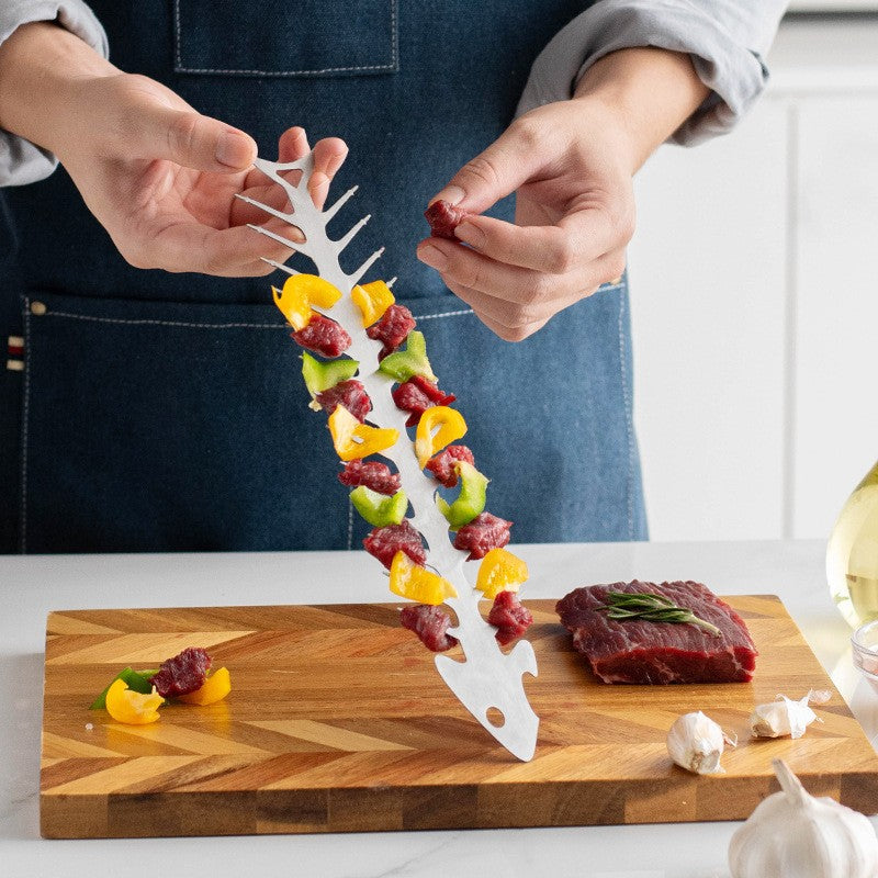 Forma pentru Frigărui, Suport Grătar Model Oase de Pește, Instrument BBQ cu Deschizător de Sticle, Oțel Inoxidabil, 30x6 cm, Argintiu