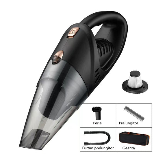 Aspirator Auto Portabil, Putere Turbo 30000 RPM, Alimentare Bricheta 12V, Kit 5 Accesorii cu Furtun si Perie, Geanta Transport Inclusa, Negru, 42 x 14 cm