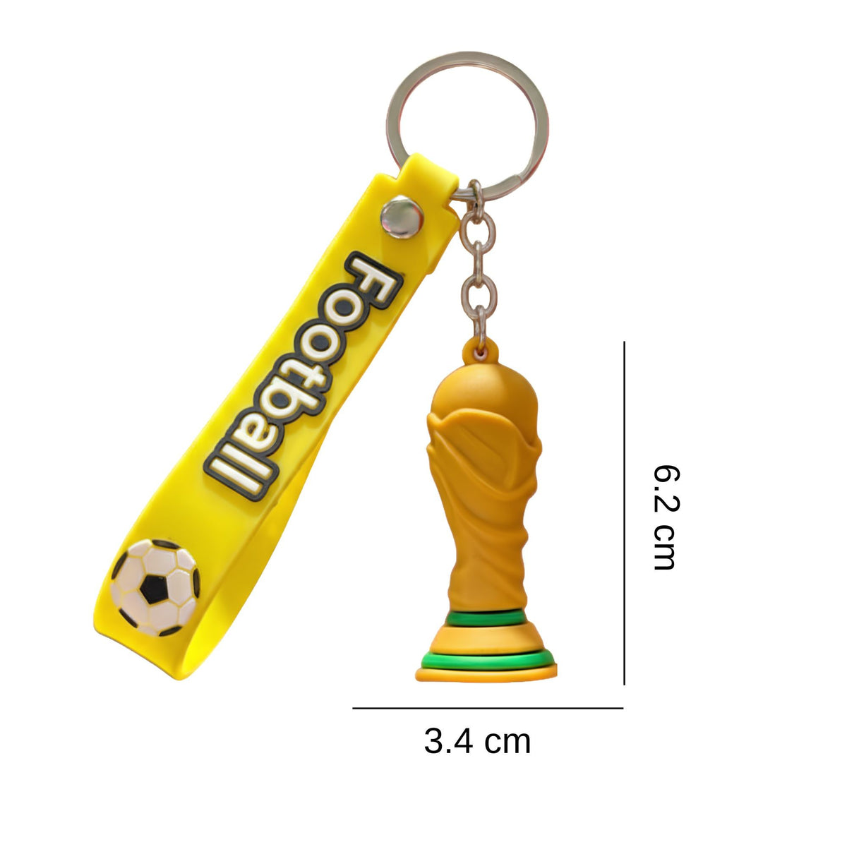Breloc Chei Fotbal, Model Trofeu Mascota Cupa Mondiala, Accesoriu pentru Rucsac si Ghiozdan, Cauciuc Moale Flexibil, 6.2 x 3.4 cm, Galben