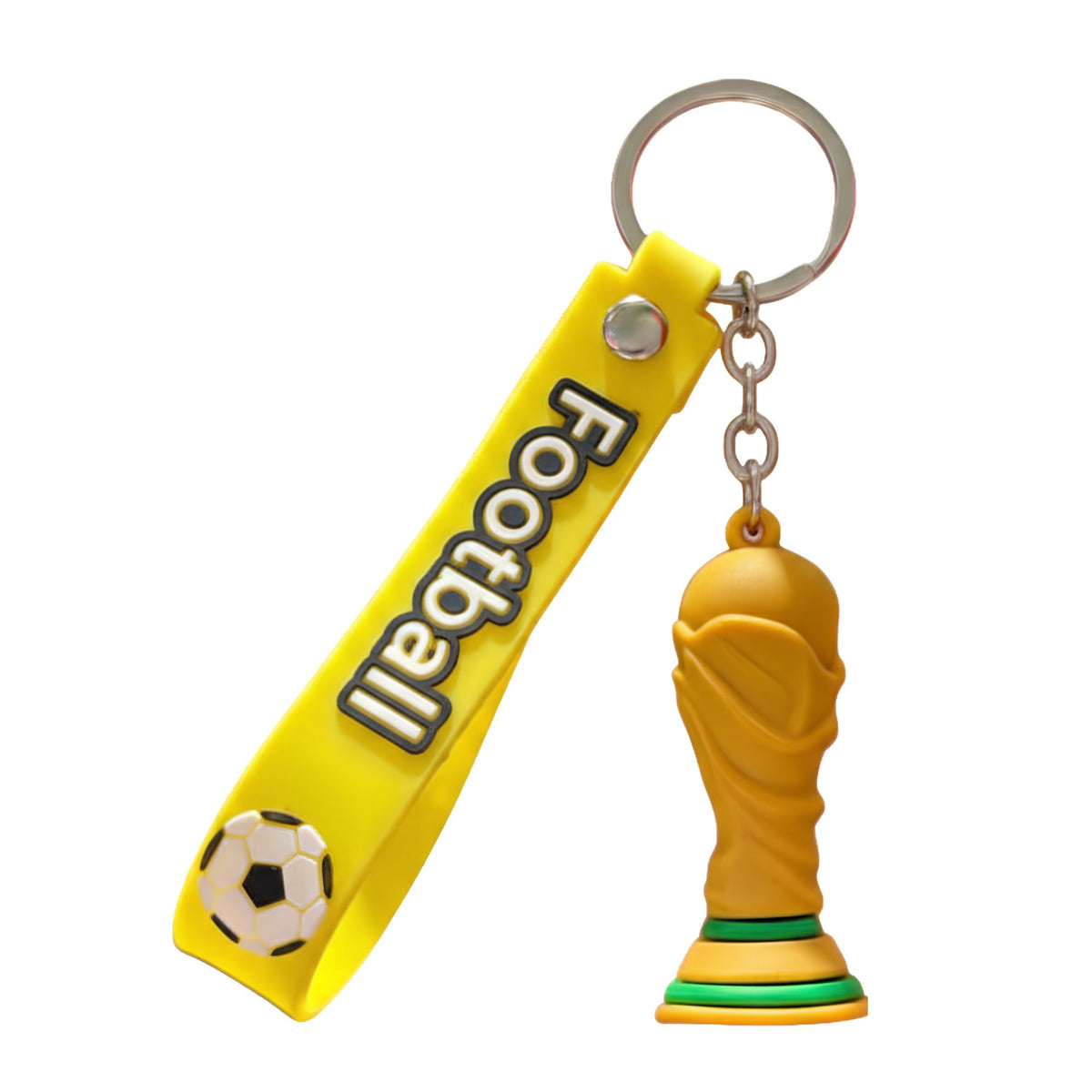 Breloc Chei Fotbal, Model Trofeu Mascota Cupa Mondiala, Accesoriu pentru Rucsac si Ghiozdan, Cauciuc Moale Flexibil, 6.2 x 3.4 cm, Galben