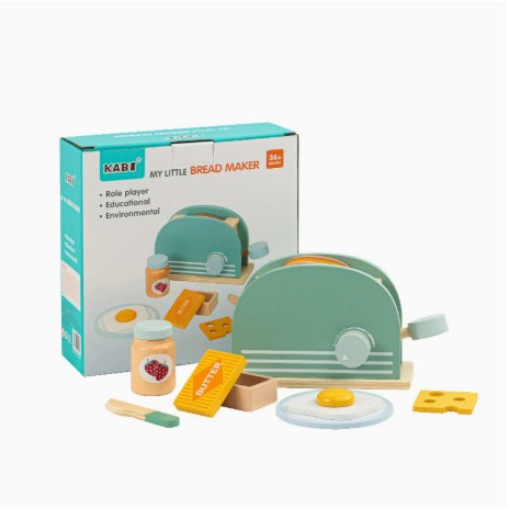 Jucarie Educativa Montessori, Set de Joaca Toaster Interactiv cu Accesorii pentru Micul Dejun, Lemn Natural, 3 Ani+, Multicolor, 10 Piese
