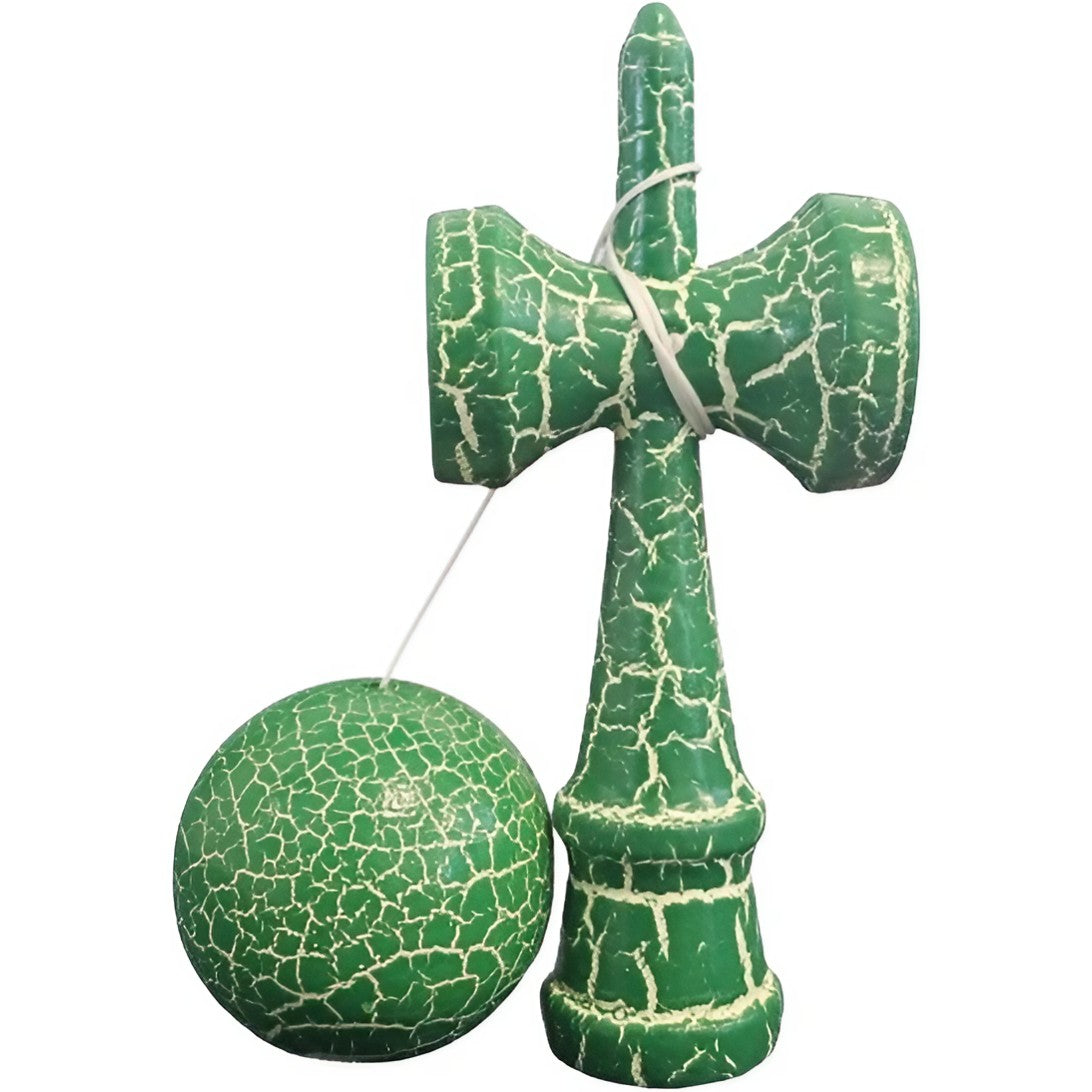 Kendama X Originala Berbis – Jucarie Interactiva din Lemn, 18 cm, Joc de Indemanare pentru Copii si Adulti, Design Cracked Verde-Alb