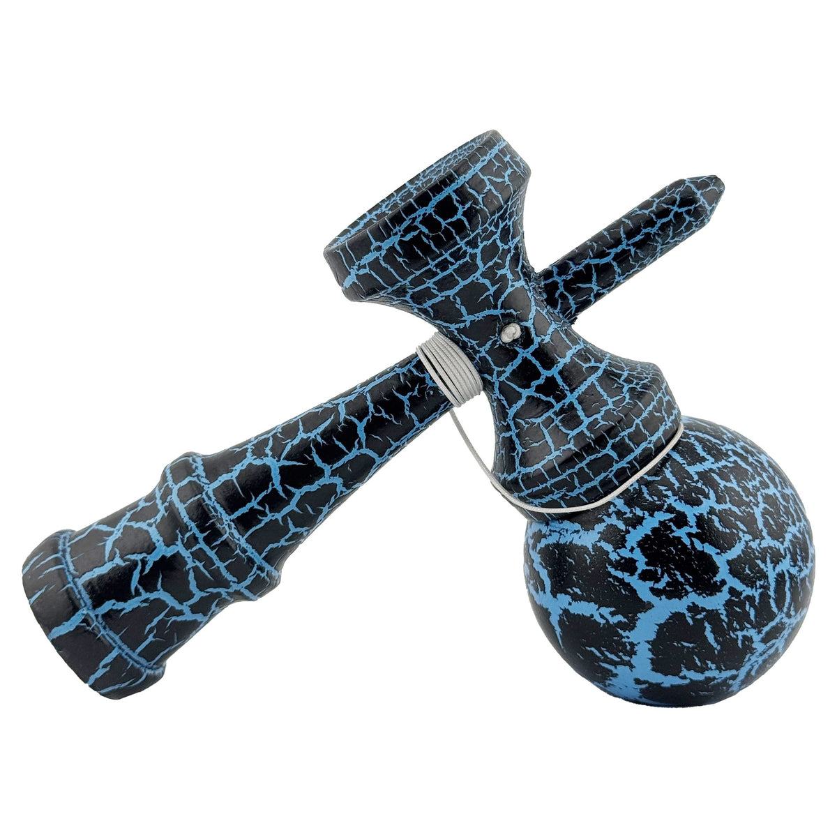 Kendama X Originala Berbis – Jucarie Interactiva din Lemn, 18 cm, Joc de Indemanare pentru Copii si Adulti, Design Cracked Negru-Albastru