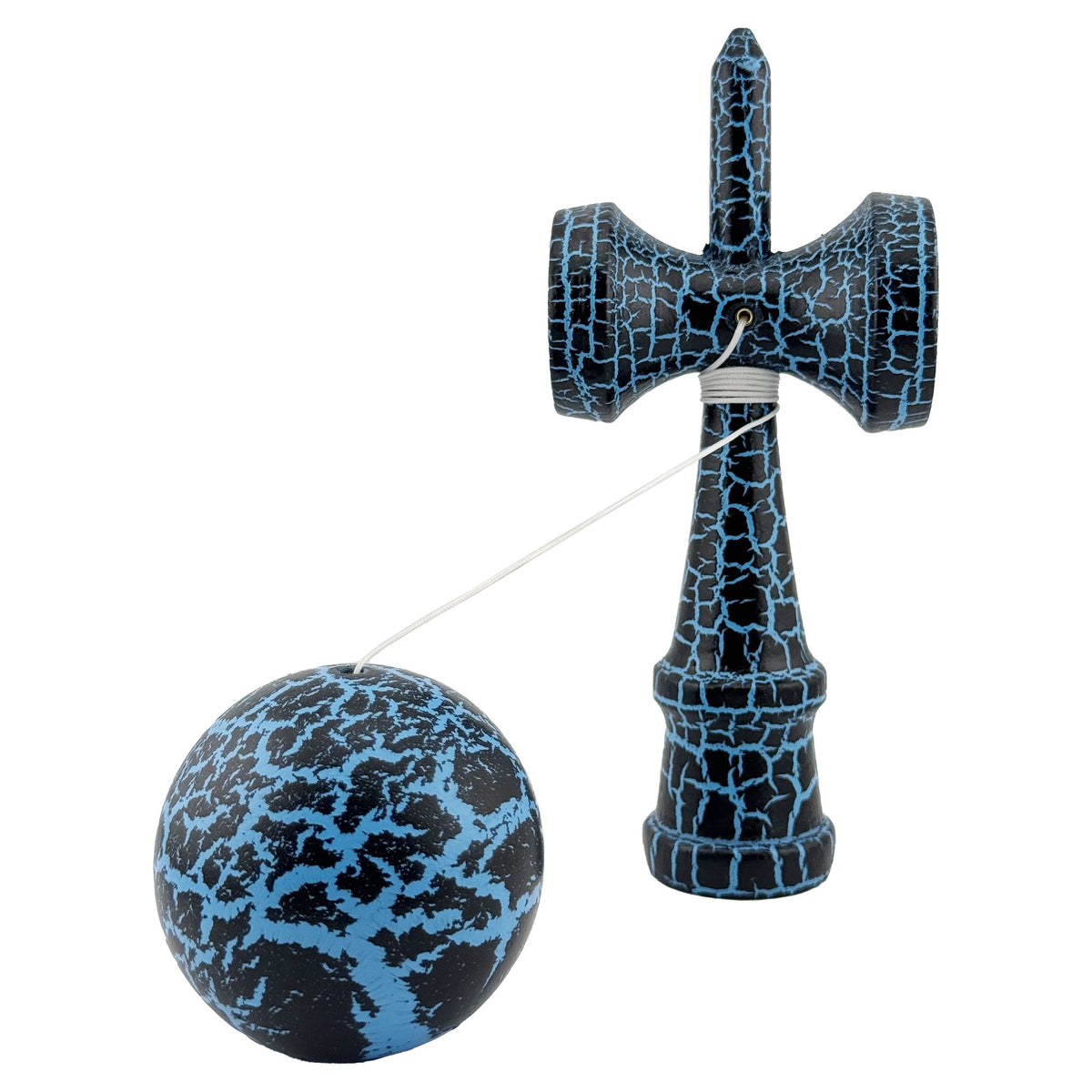 Kendama X Originala Berbis – Jucarie Interactiva din Lemn, 18 cm, Joc de Indemanare pentru Copii si Adulti, Design Cracked Negru-Albastru