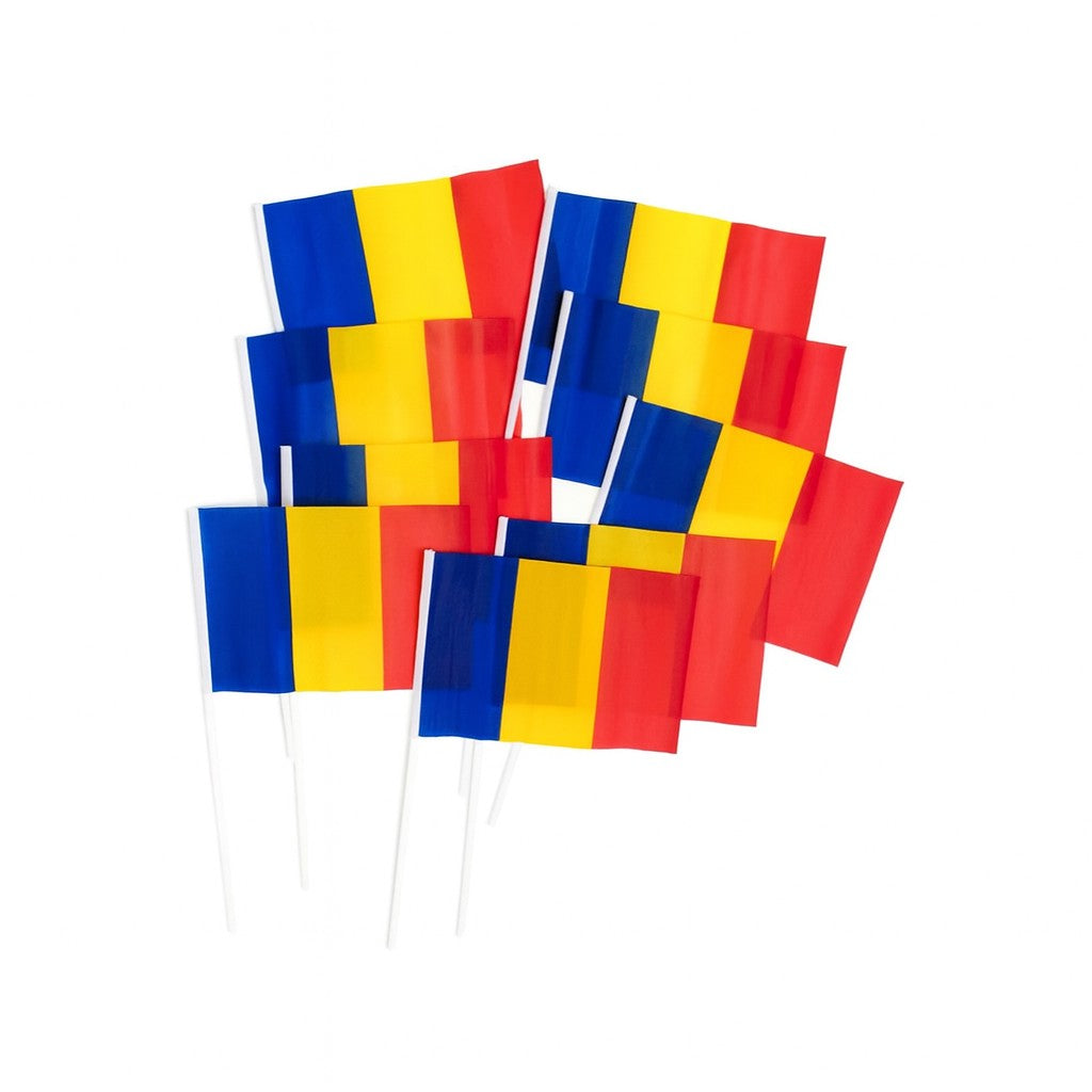 Set 12 Steaguri de Mana Tricolor Romania, Drapel cu Bat din Plastic, Material Poliester, 20x30 cm