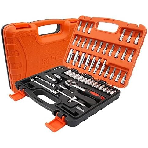 Trusa Chei Tubulare, Set 53 Piese, Clichet 1/4 Flyback cu Prelungitor si Imbusuri, Otel 45, Cutie Organizatoare Rosie, 27 x 20 x 5.5 cm, 1.5 kg
