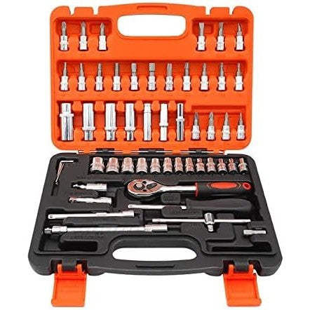Trusa Chei Tubulare, Set 53 Piese, Clichet 1/4 Flyback cu Prelungitor si Imbusuri, Otel 45, Cutie Organizatoare Rosie, 27 x 20 x 5.5 cm, 1.5 kg