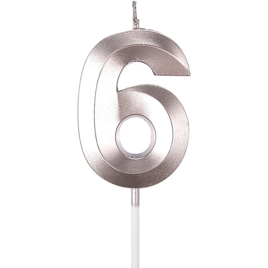Lumanare Tort Cifra 6, Model Diamond Elegant, Parafina de Calitate, cu Bat de Fixare, 5 x 3.4 cm, Argintiu
