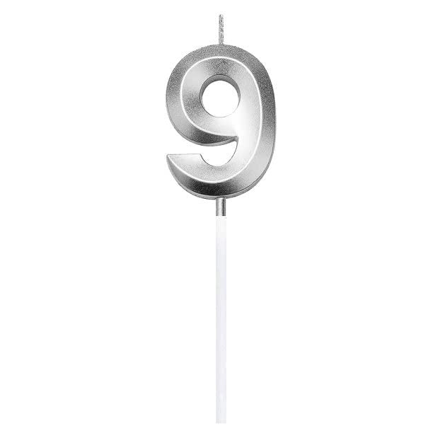 Lumanare Tort Cifra 9, Model Diamond cu Design Stralucitor, Parafina de Calitate, cu Bat de Fixare, 5 x 3.4 cm, Argintiu