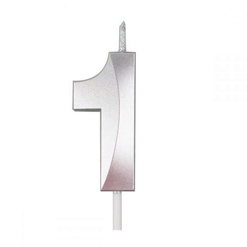 Lumanare Tort Cifra 1, Model Diamond cu Efect Stralucitor, Parafina cu Bat de Fixare, Argintiu, 5 x 3.4 cm