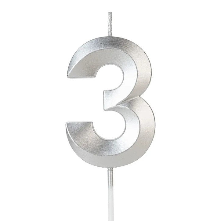 Lumanare Tort Cifra 3, Model Diamond Cu Design Stralucitor, Parafina Cu Fixare Lunga, 5 x 3.4 cm, Argintiu