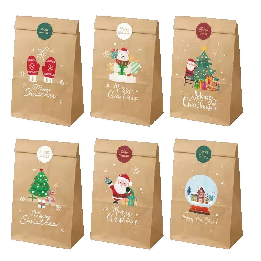 Set 12 Pungi de Cadou pentru Crăciun, Ambalaje Festive cu Stickere Decorative Incluse, Hârtie Kraft Ecologică, Maro, 22 x 12 x 8 cm