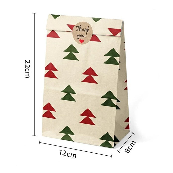 Set 12 Pungi Cadou Crăciun cu Motive Festive, Include 12 Stickere Decorative, Hârtie Kraft Ecologică, 22 x 12 x 8 cm, Multicolor