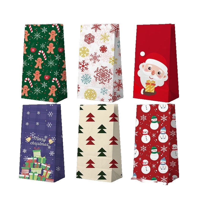 Set 12 Pungi Cadou Crăciun cu Motive Festive, Include 12 Stickere Decorative, Hârtie Kraft Ecologică, 22 x 12 x 8 cm, Multicolor